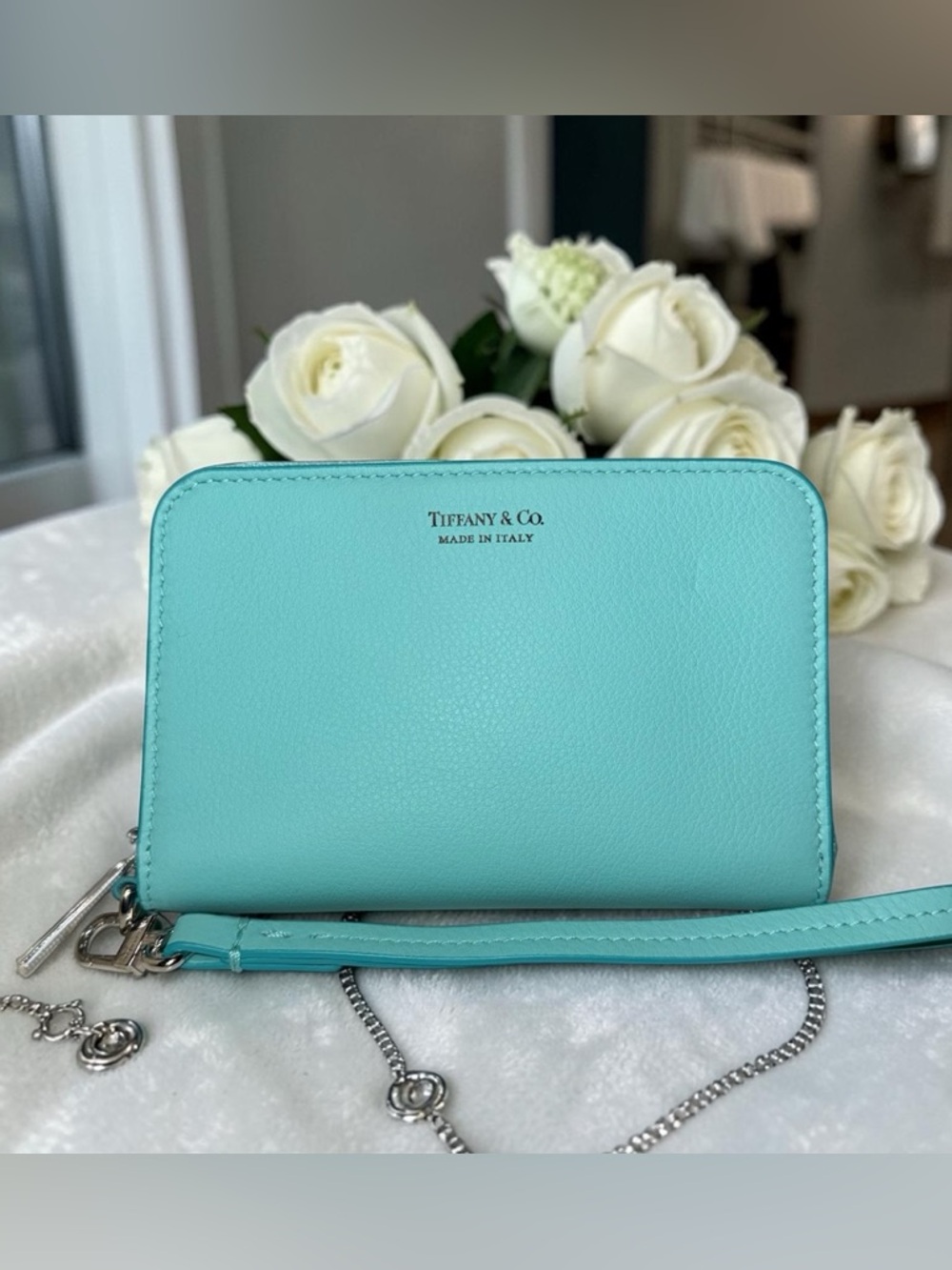 Tiffany & Co. Leather Zip Around Wallet Tiffany Blue Wristlet Italy • Silver EUC